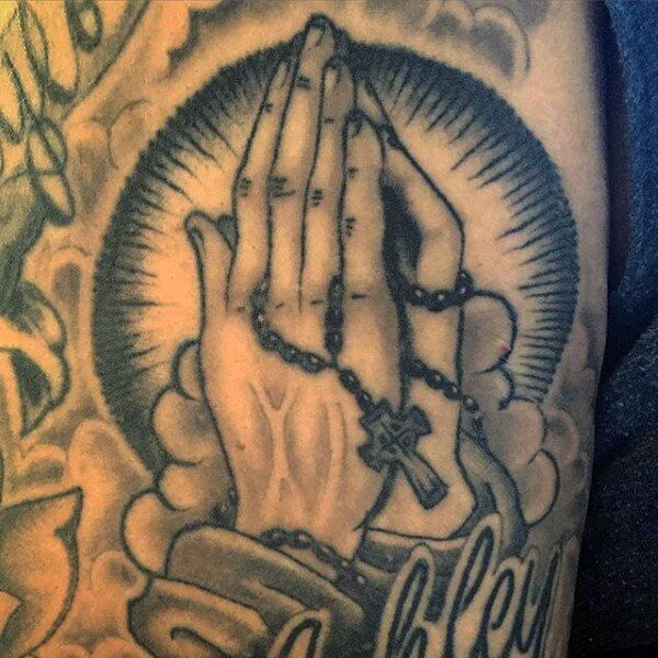 prayer hands tattoo with rosary