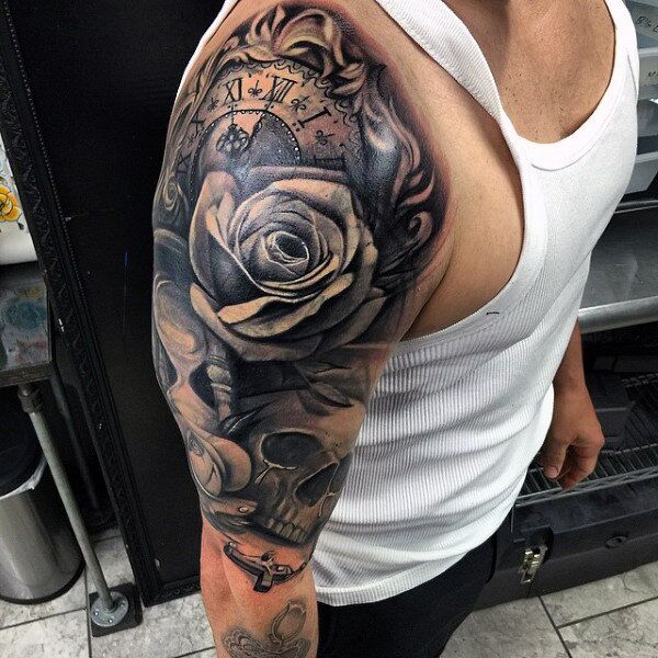 Red Rose And Rosary Tattoo On Right Back Shoulder